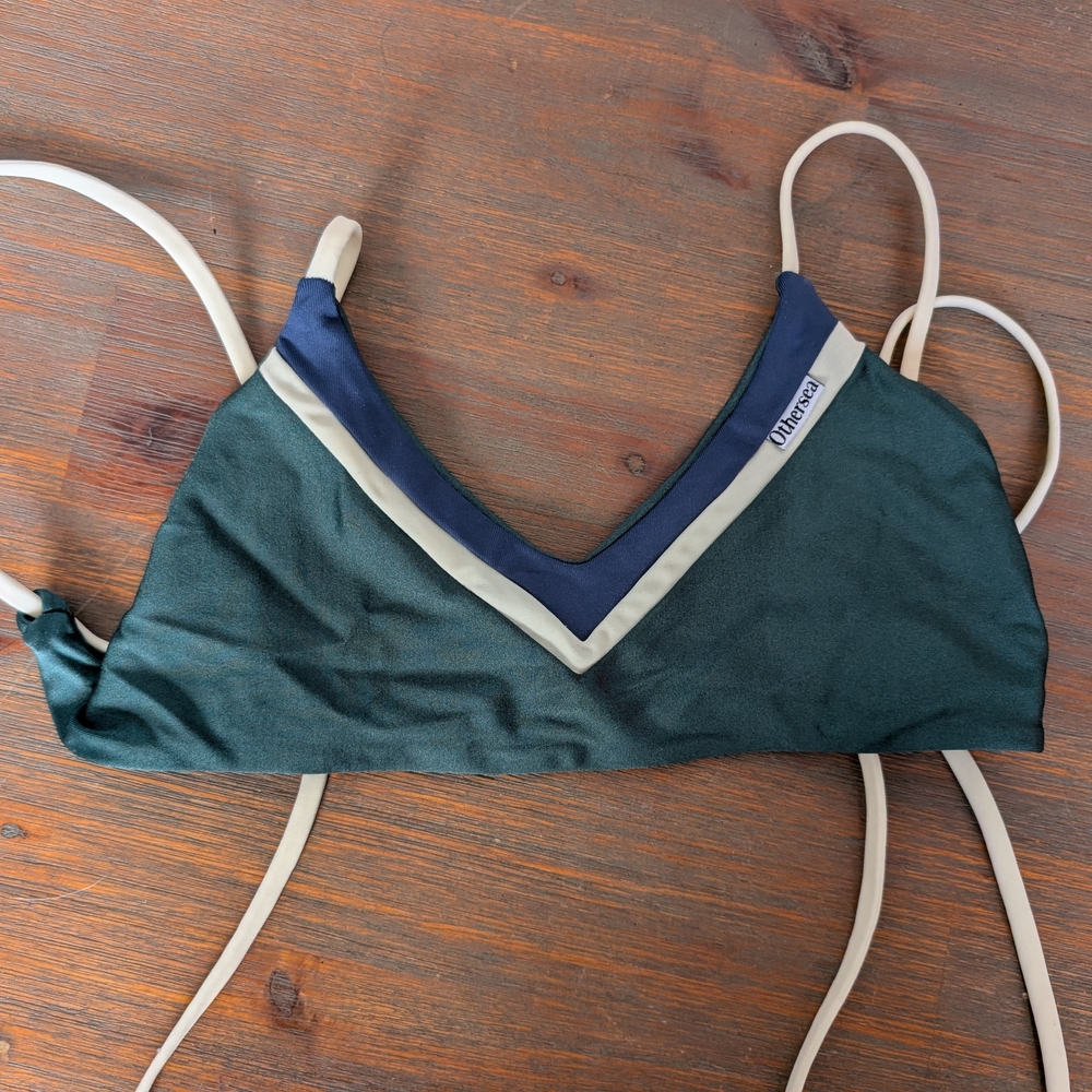 V-Neck Women's Bikini Top in Forest Green with Navy & Cream Trim